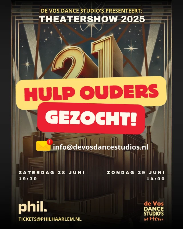 Wij zijn nog opzoek naar ouders/verzorgers die graag willen helpen tijdens onze shows. 

*Dit gaat vooral om het begeleiden en ready maken van de dansers voordat ze op het podium staan. 

*Kan je beide dagen, 1 dag, alleen tijdens de generale of alleen tijdens de show? Geen probleem, ALLE hulp is welkom! Stuur een email naar ons en dan nemen we snel contact op.